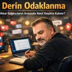 Dikkat dağıtıcı unsurlardan uzak şekilde masa başında derin odaklanma ile çalışan kişi
