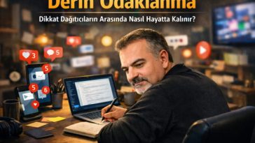 Dikkat dağıtıcı unsurlardan uzak şekilde masa başında derin odaklanma ile çalışan kişi